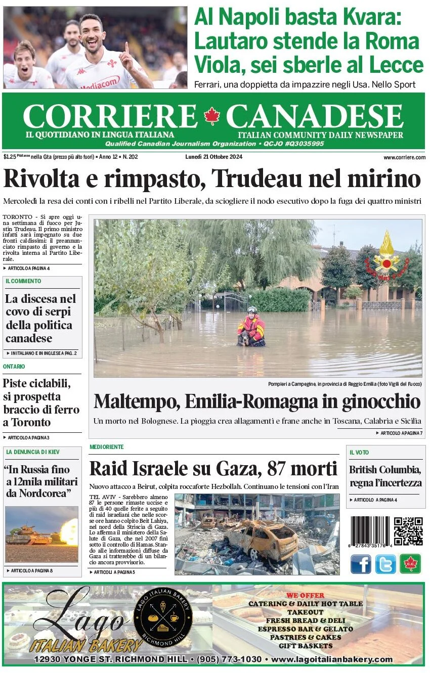 anteprima della prima pagina di corriere-canadese del 21/10/2024