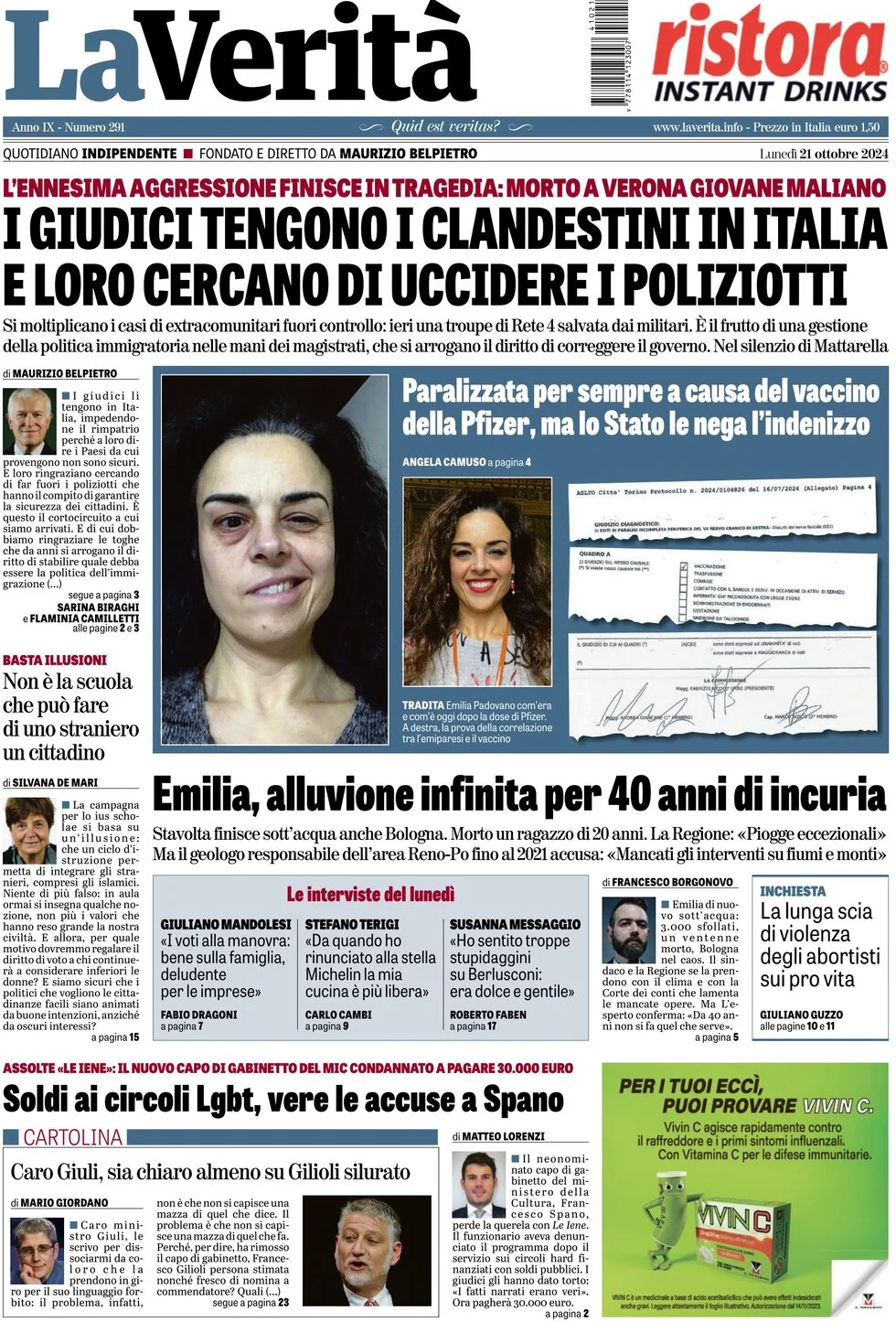 anteprima della prima pagina di la-verit del 21/10/2024