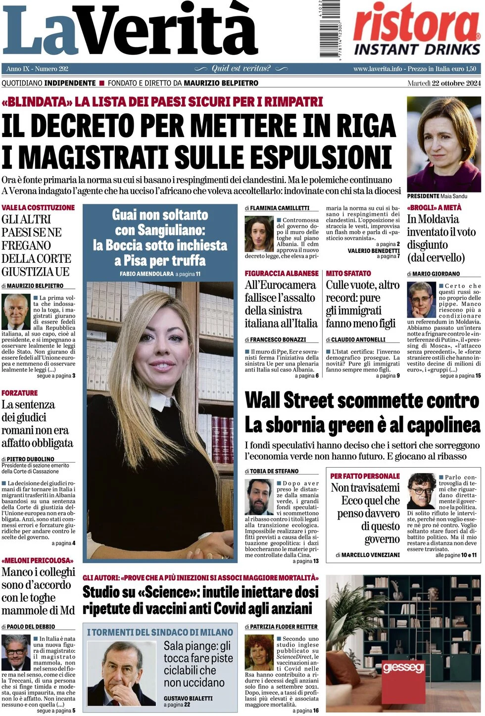 anteprima della prima pagina di la-verit del 22/10/2024