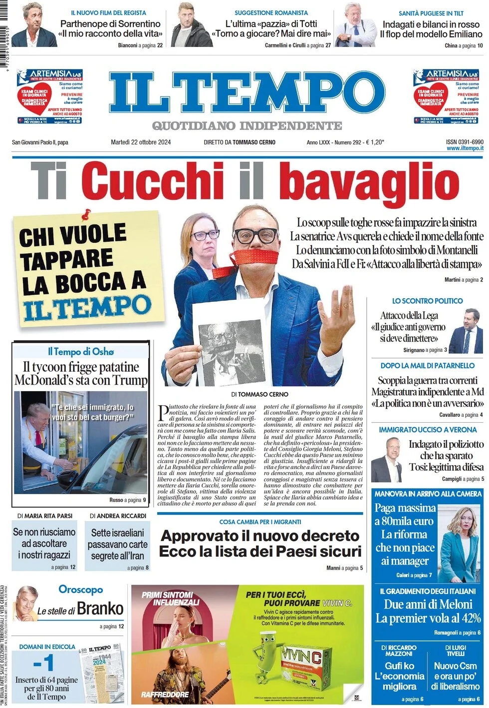 anteprima della prima pagina di il-tempo del 22/10/2024