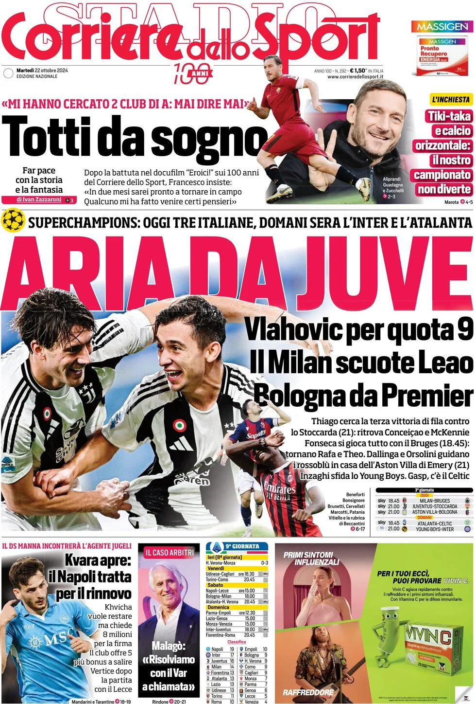 anteprima della prima pagina di corriere-dello-sport del 22/10/2024