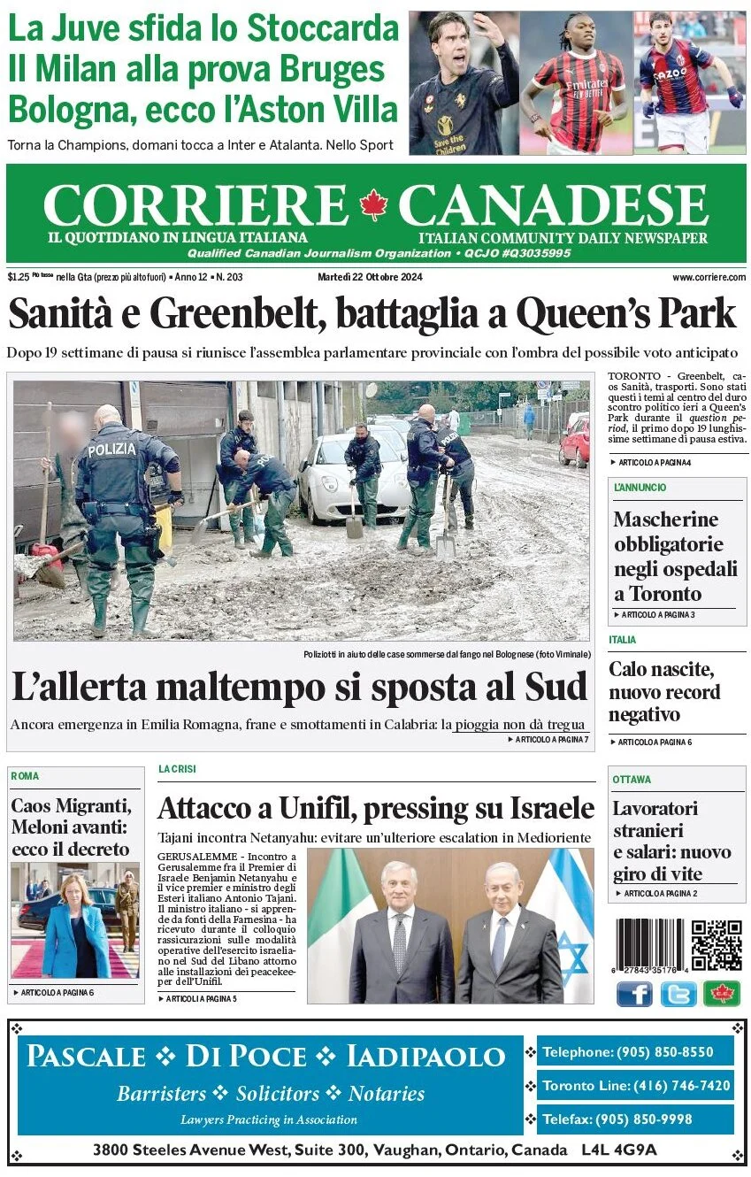 anteprima della prima pagina di corriere-canadese del 22/10/2024