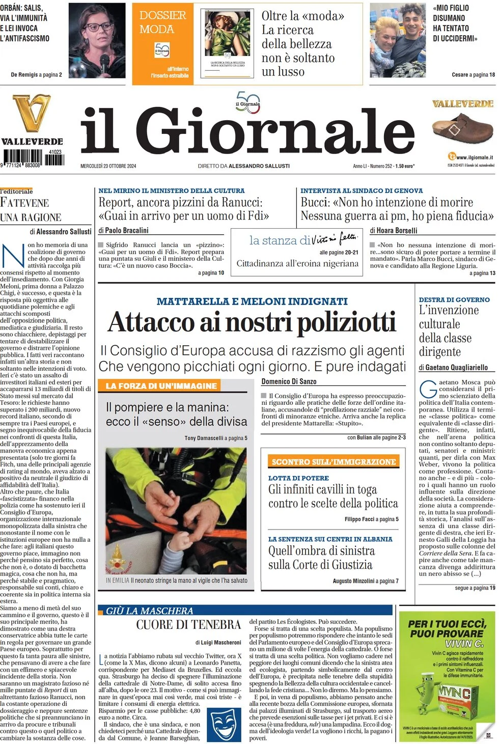 anteprima della prima pagina di il-giornale del 23/10/2024