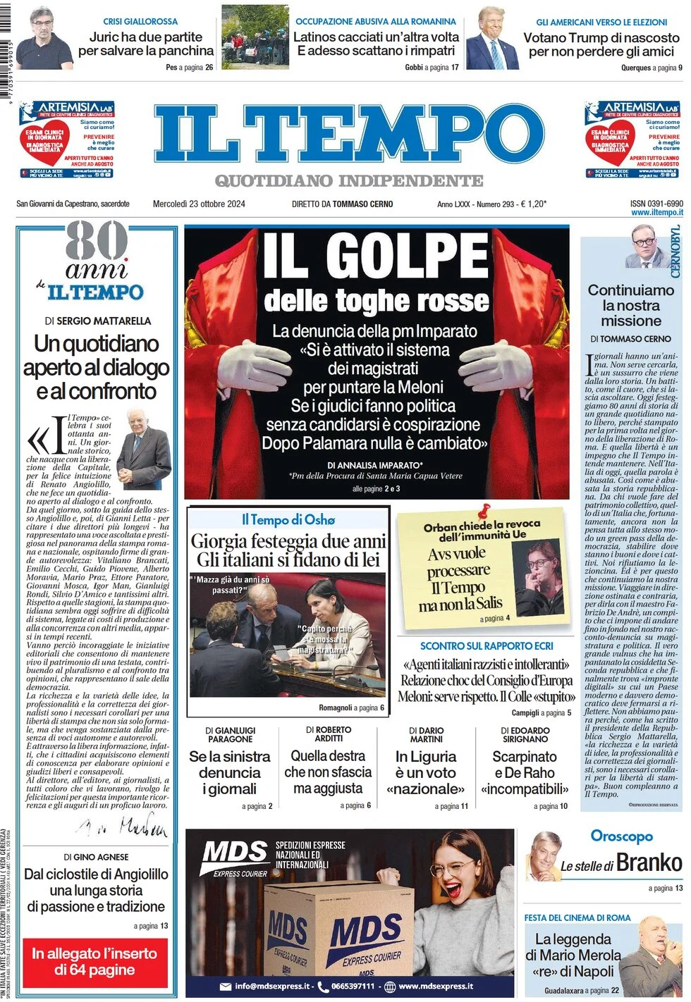 anteprima della prima pagina di il-tempo del 23/10/2024