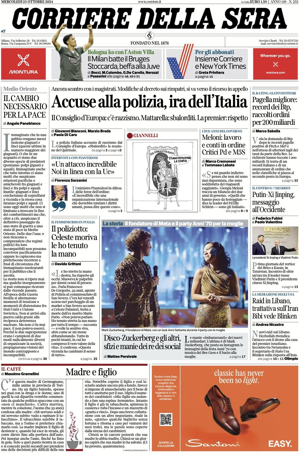 anteprima della prima pagina di corriere-della-sera del 23/10/2024