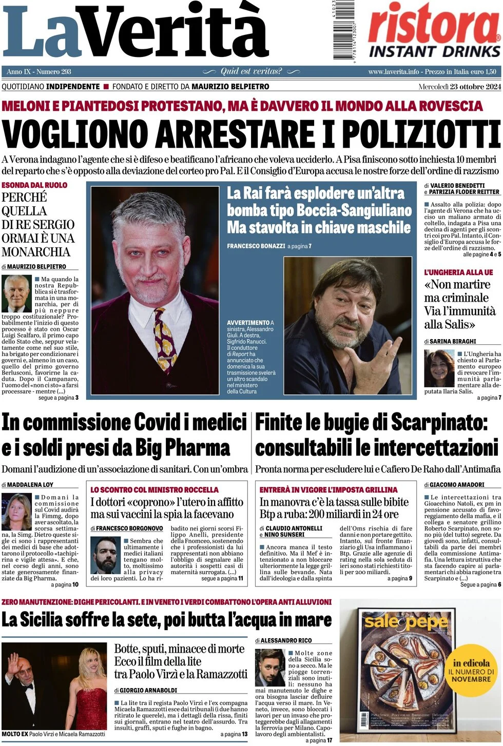 anteprima della prima pagina di la-verit del 23/10/2024