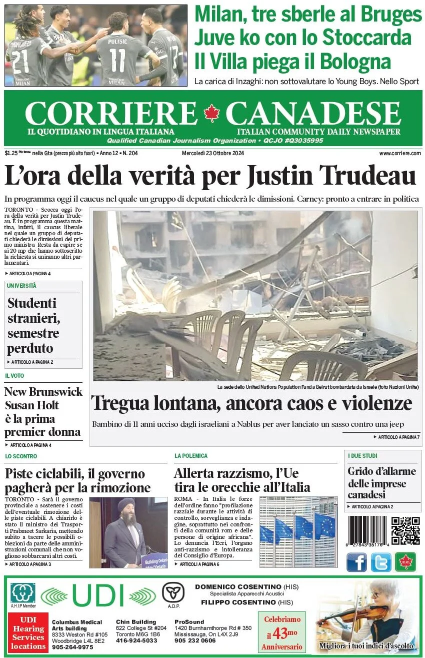 anteprima della prima pagina di corriere-canadese del 23/10/2024