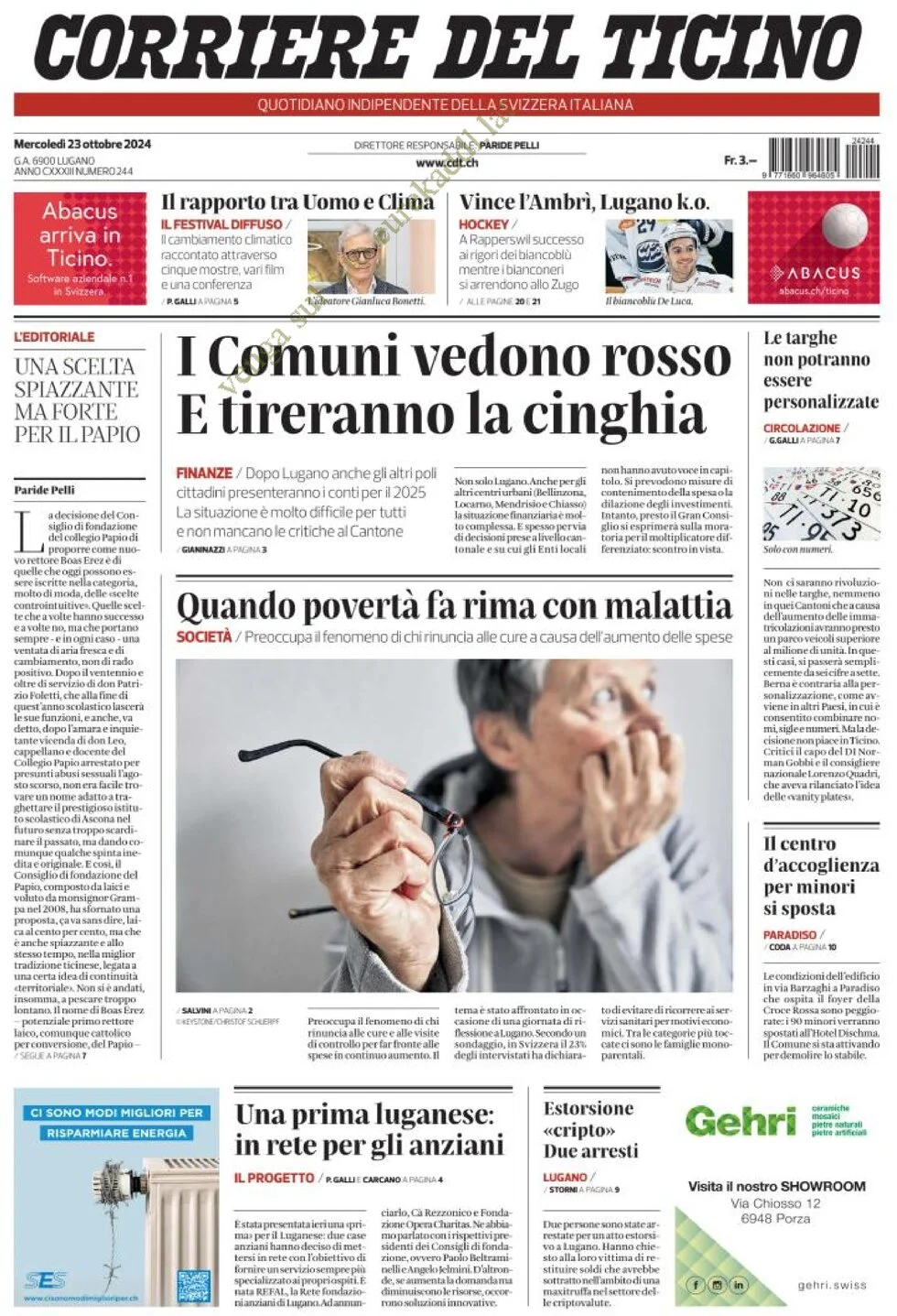 anteprima della prima pagina di corriere-del-ticino del 23/10/2024