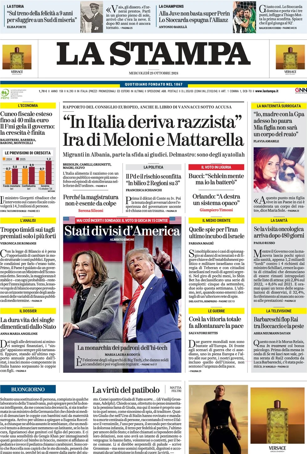 anteprima della prima pagina di la-stampa del 23/10/2024
