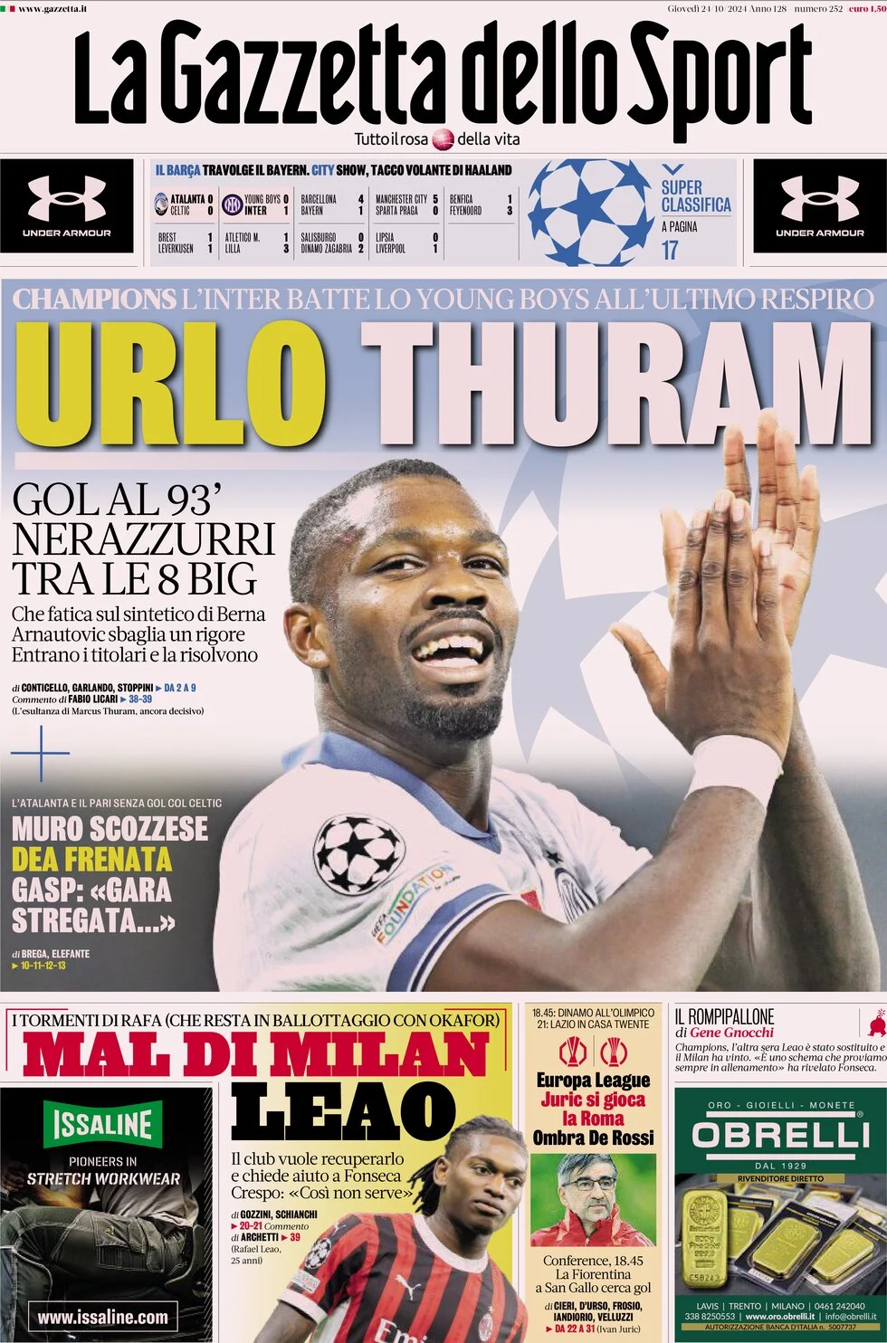 anteprima della prima pagina di la-gazzetta-dello-sport del 24/10/2024