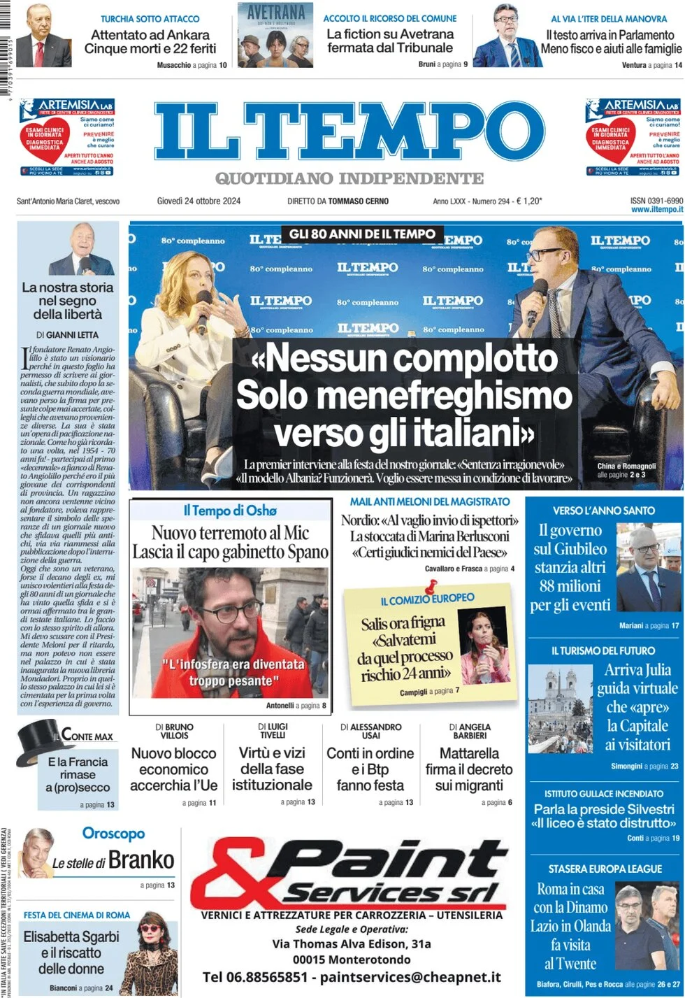 anteprima della prima pagina di il-tempo del 24/10/2024