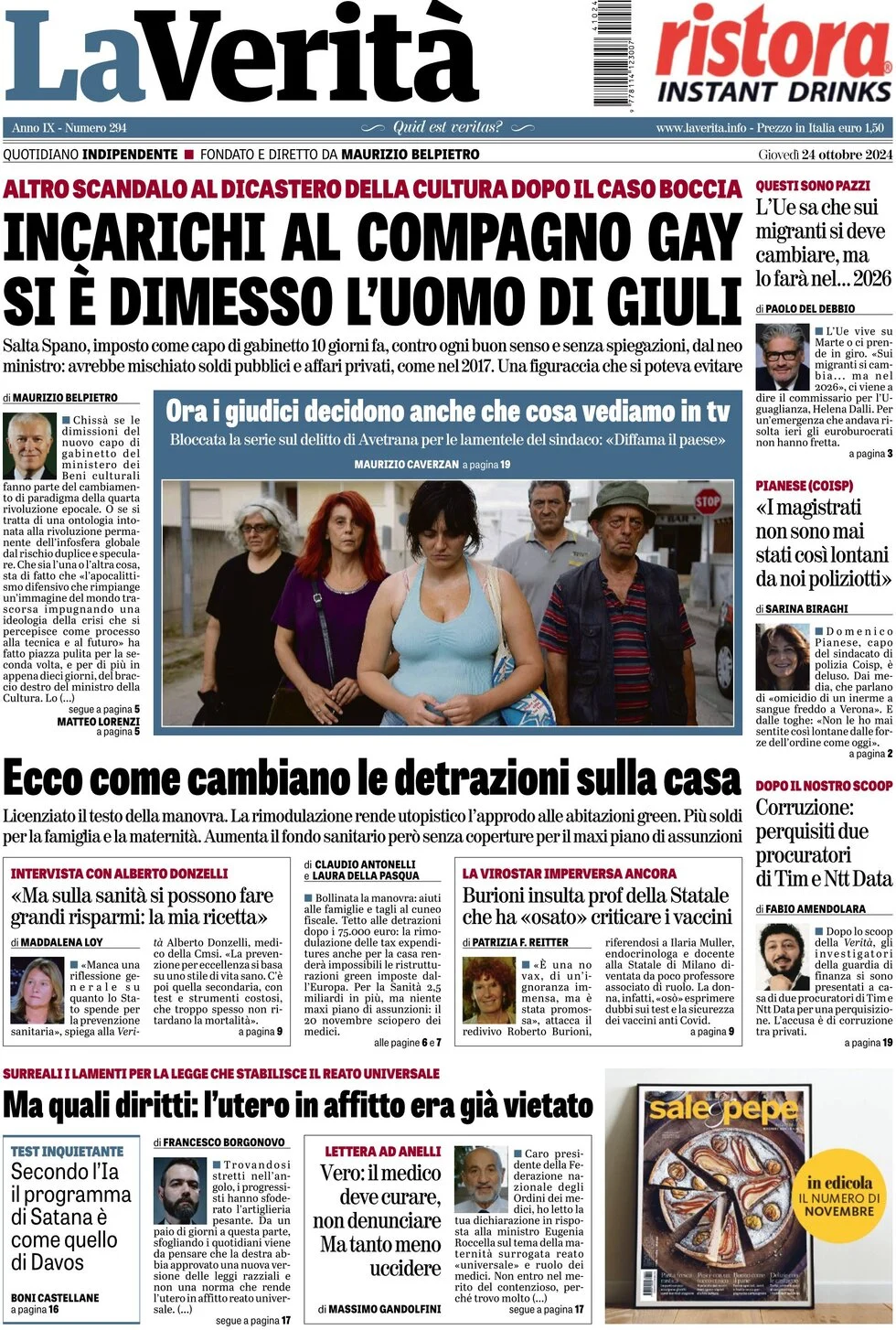 anteprima della prima pagina di la-verit del 24/10/2024