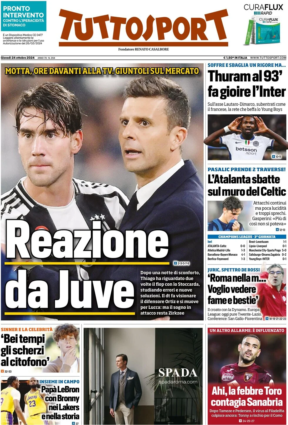 anteprima della prima pagina di tuttosport del 24/10/2024