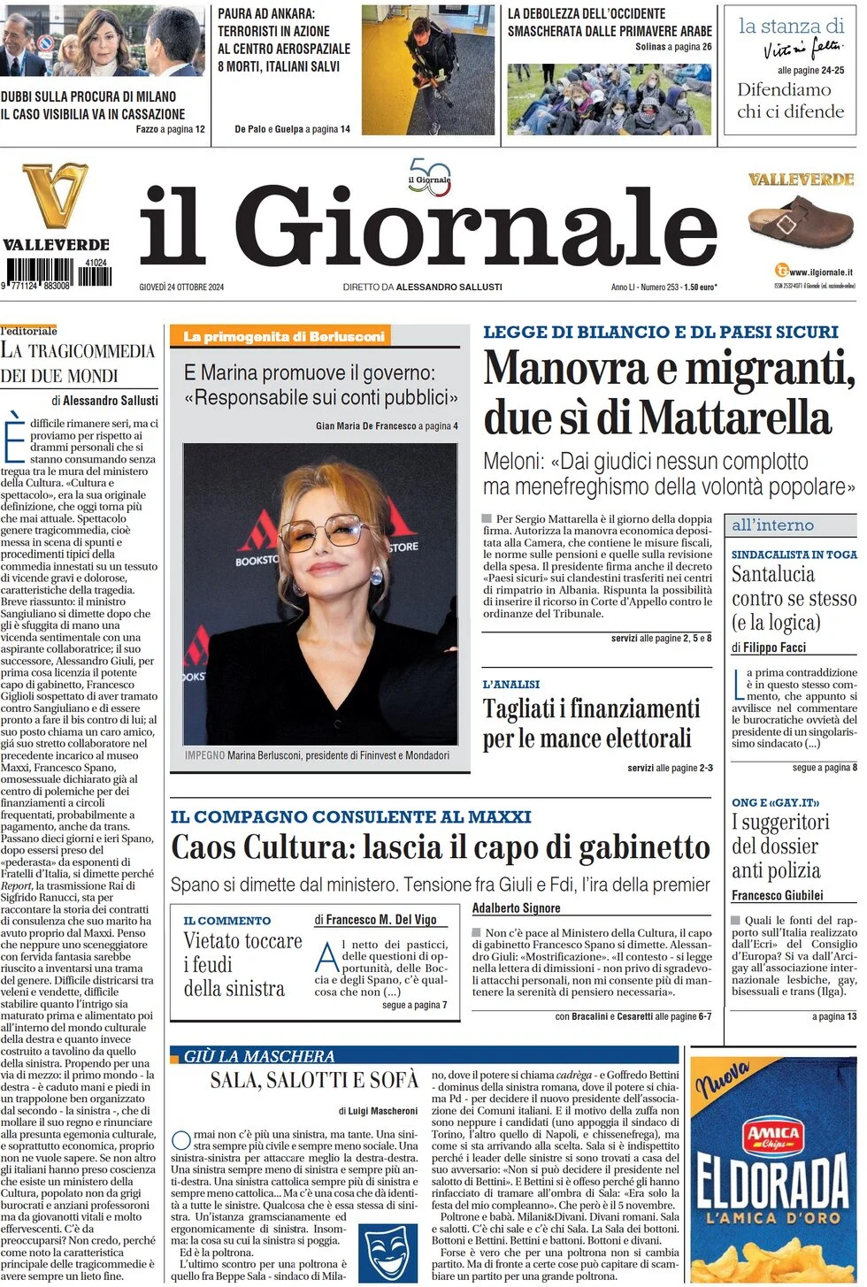 anteprima della prima pagina di il-giornale del 24/10/2024