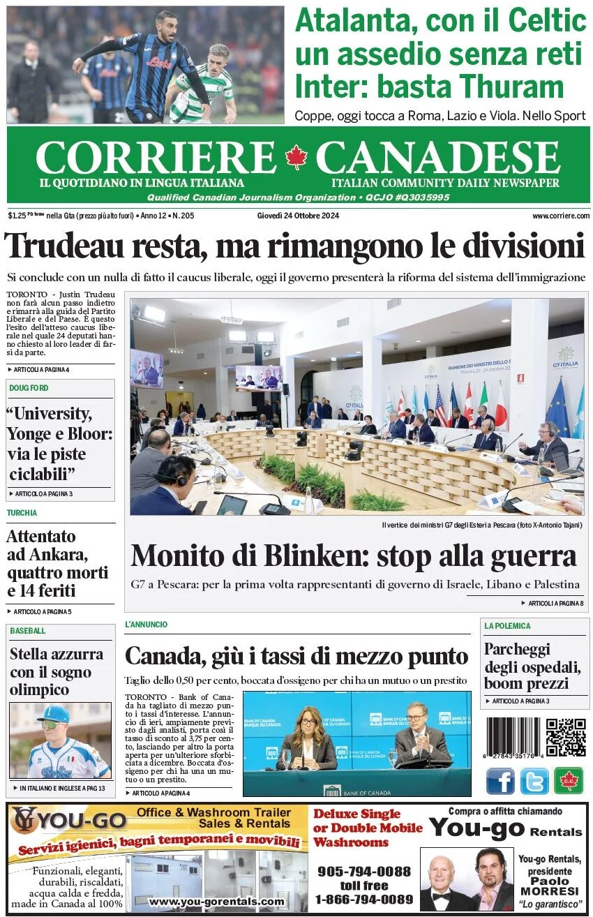 anteprima della prima pagina di corriere-canadese del 24/10/2024