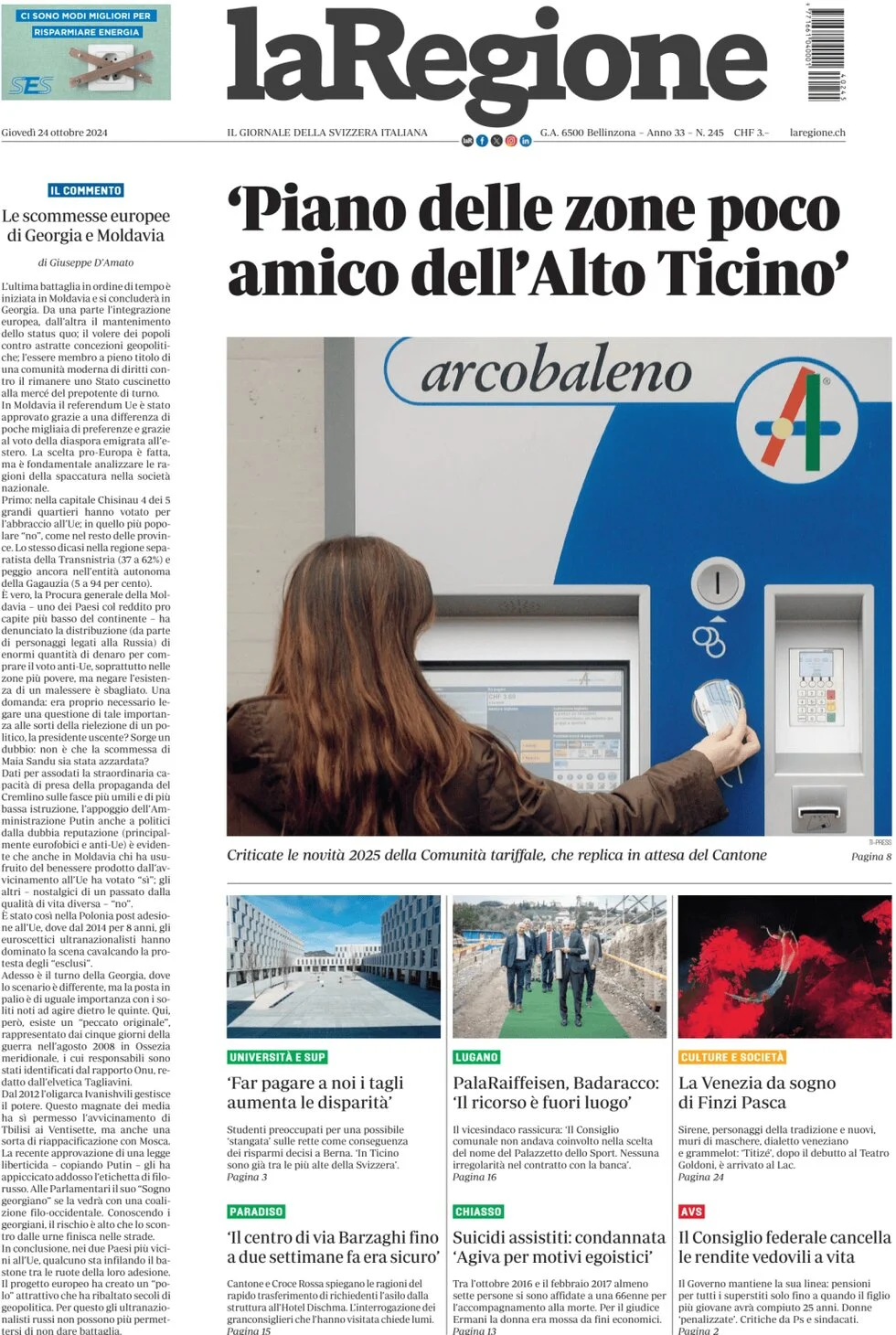 anteprima della prima pagina di la-regione del 24/10/2024