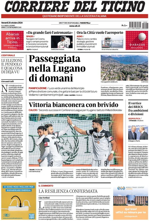 anteprima della prima pagina di corriere-del-ticino del 25/10/2024