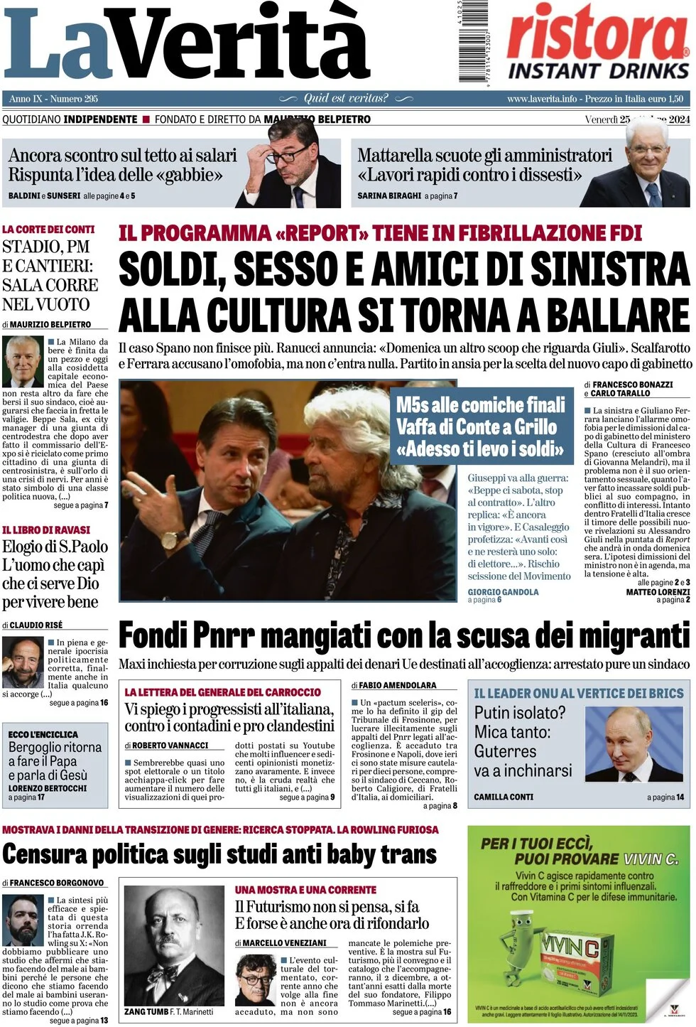 anteprima della prima pagina di la-verit del 25/10/2024