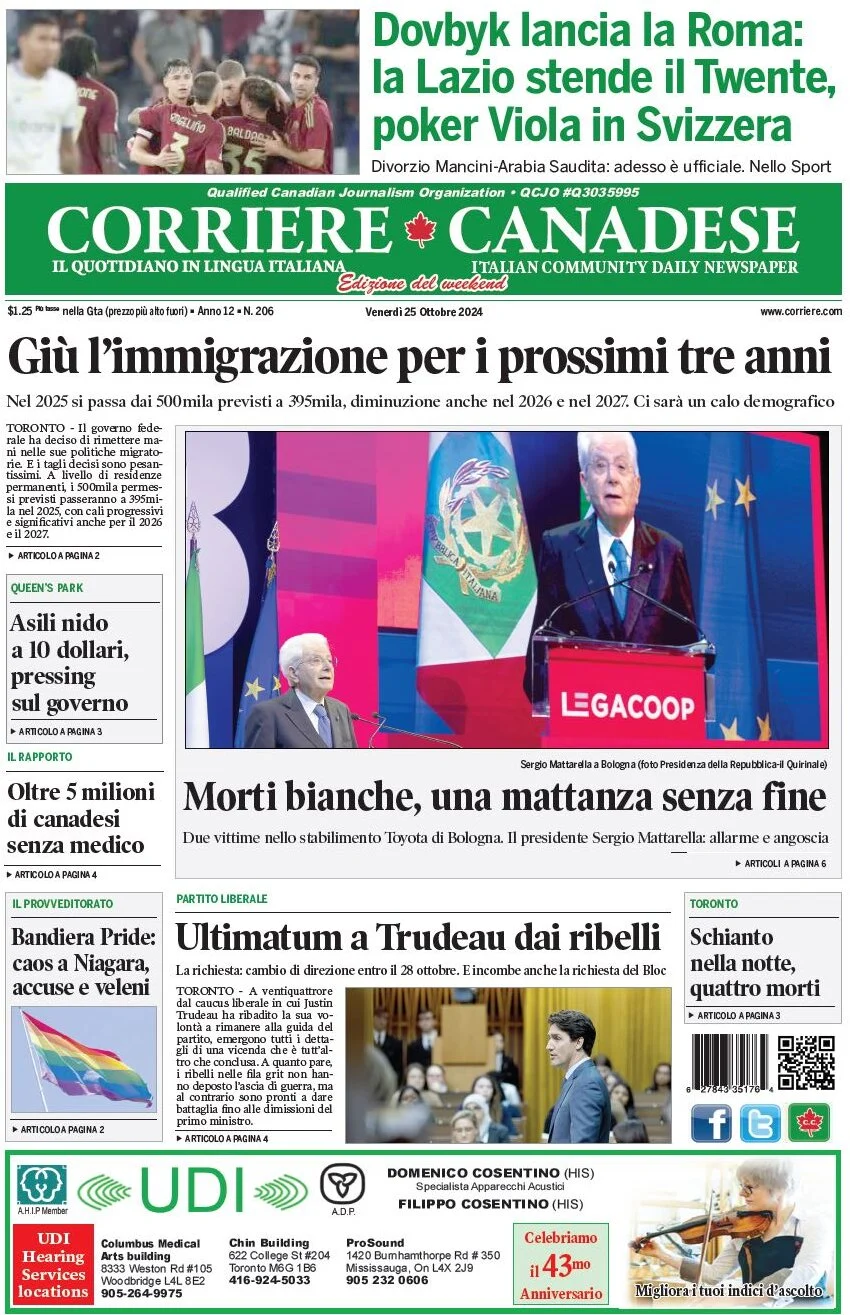 anteprima della prima pagina di corriere-canadese del 25/10/2024