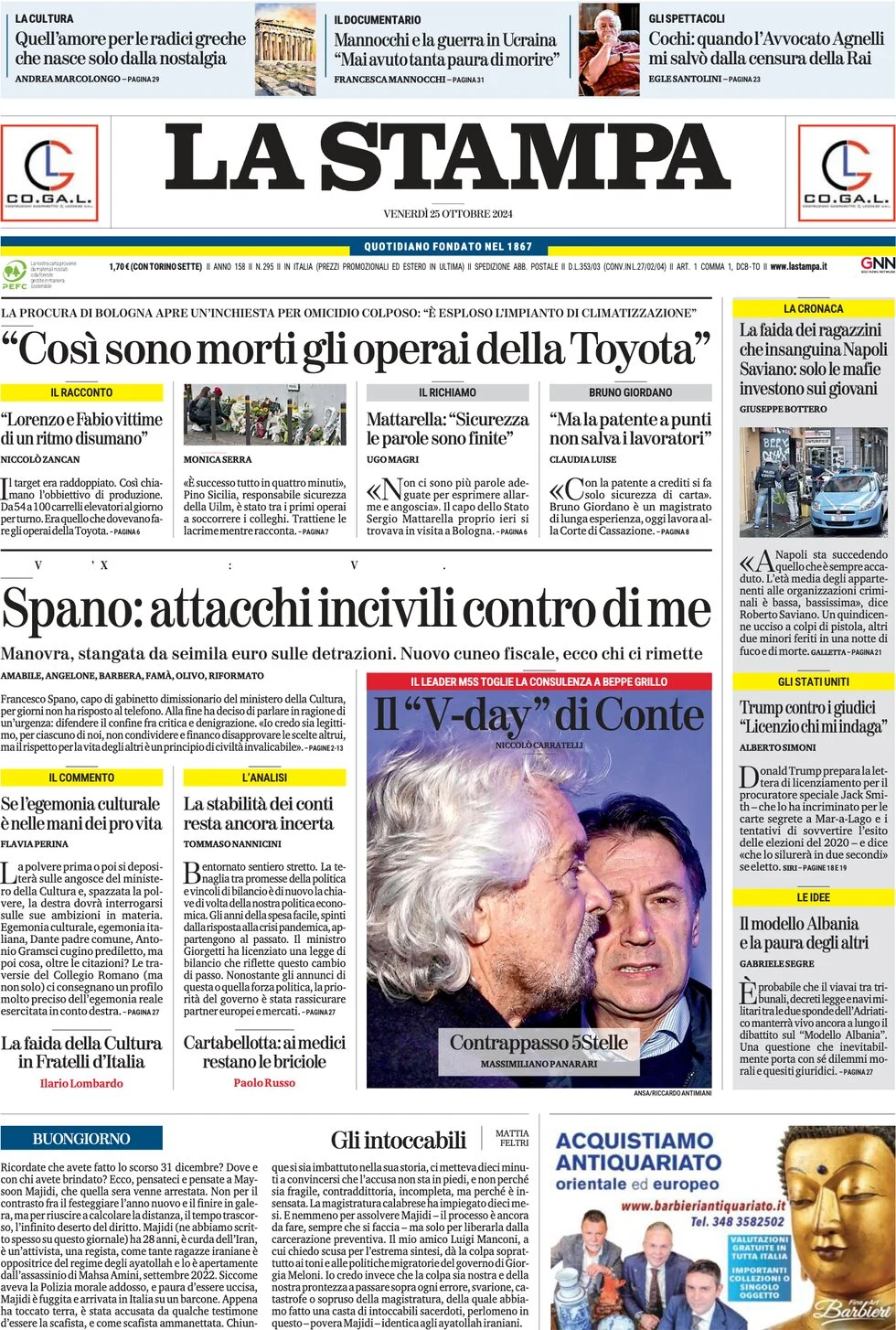 anteprima della prima pagina di la-stampa del 25/10/2024