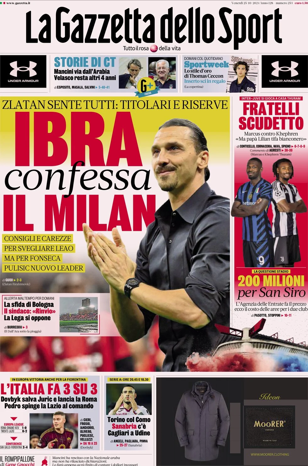 anteprima della prima pagina di la-gazzetta-dello-sport del 25/10/2024