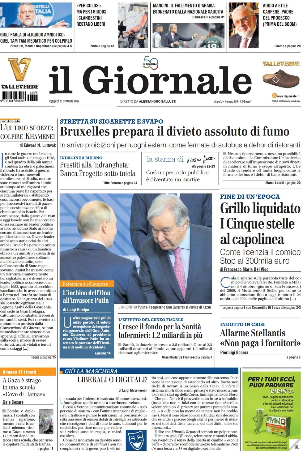 anteprima della prima pagina di il-giornale del 25/10/2024