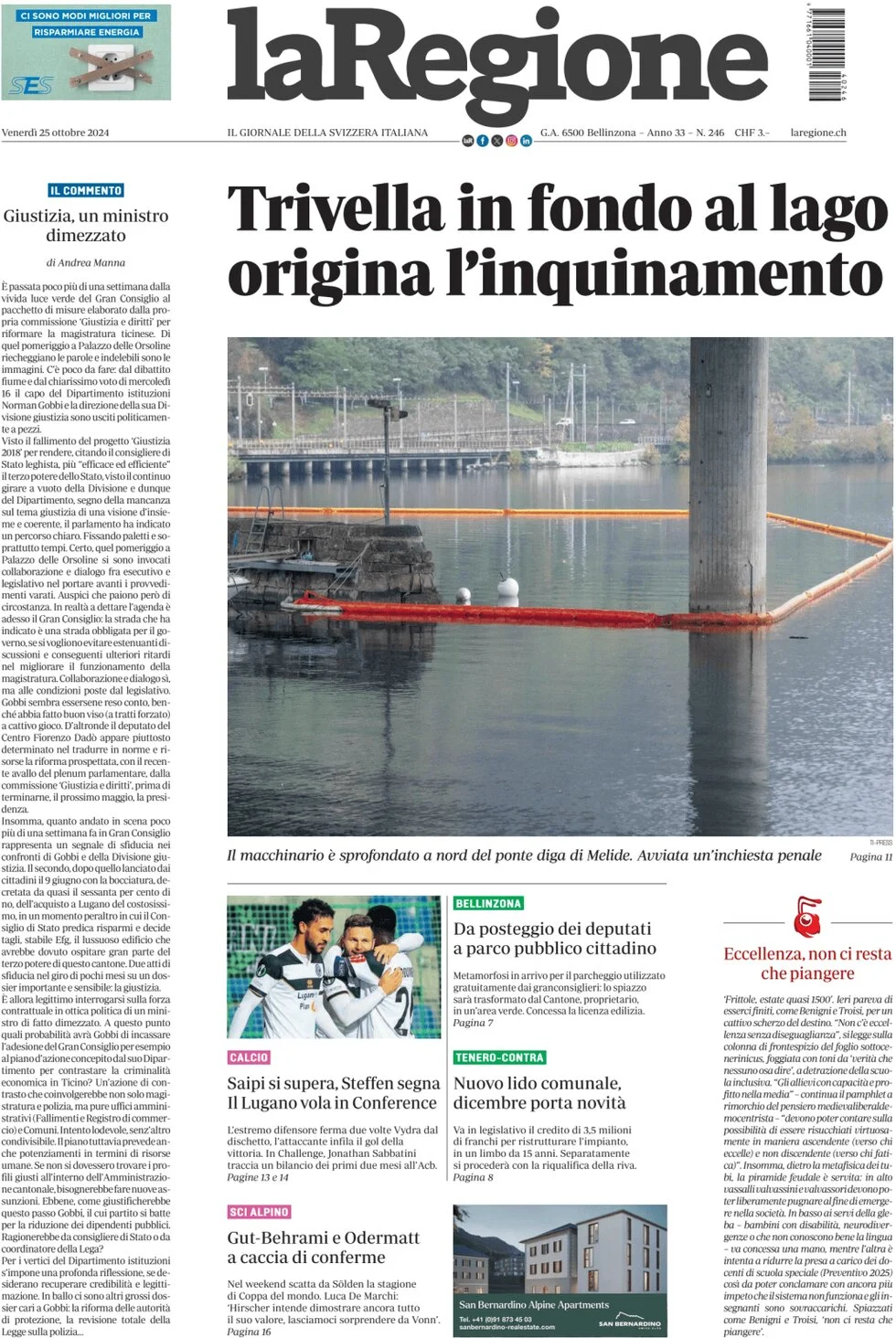 anteprima della prima pagina di la-regione del 25/10/2024