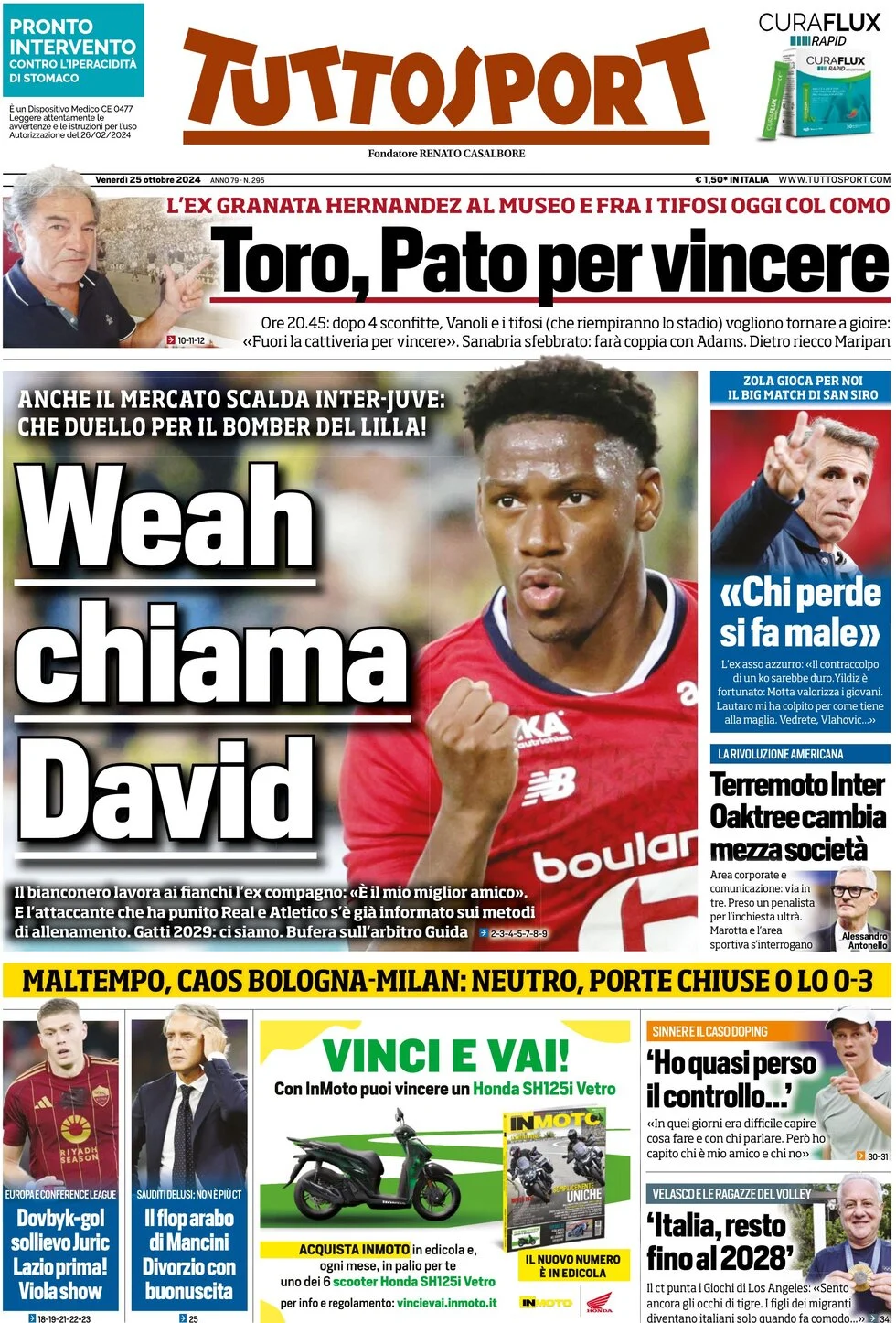 anteprima della prima pagina di tuttosport del 25/10/2024