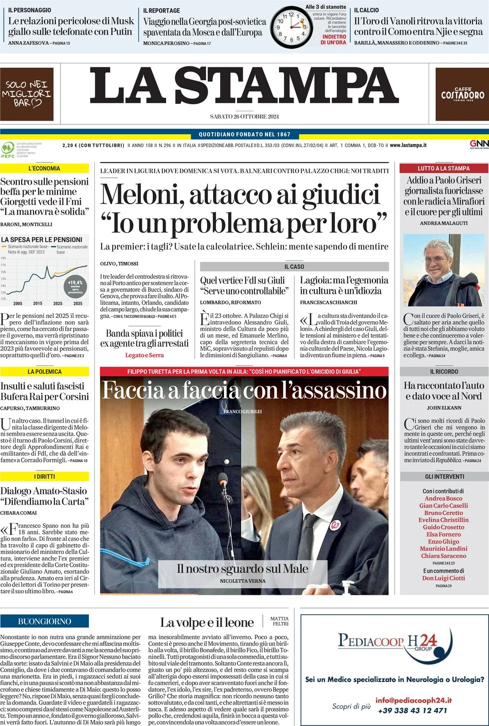anteprima della prima pagina di la-stampa del 26/10/2024