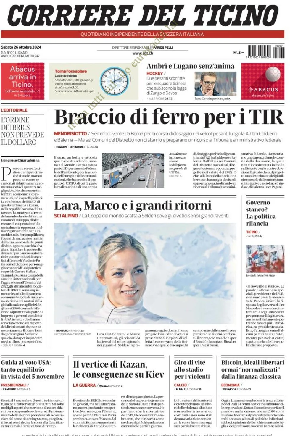 anteprima della prima pagina di corriere-del-ticino del 26/10/2024