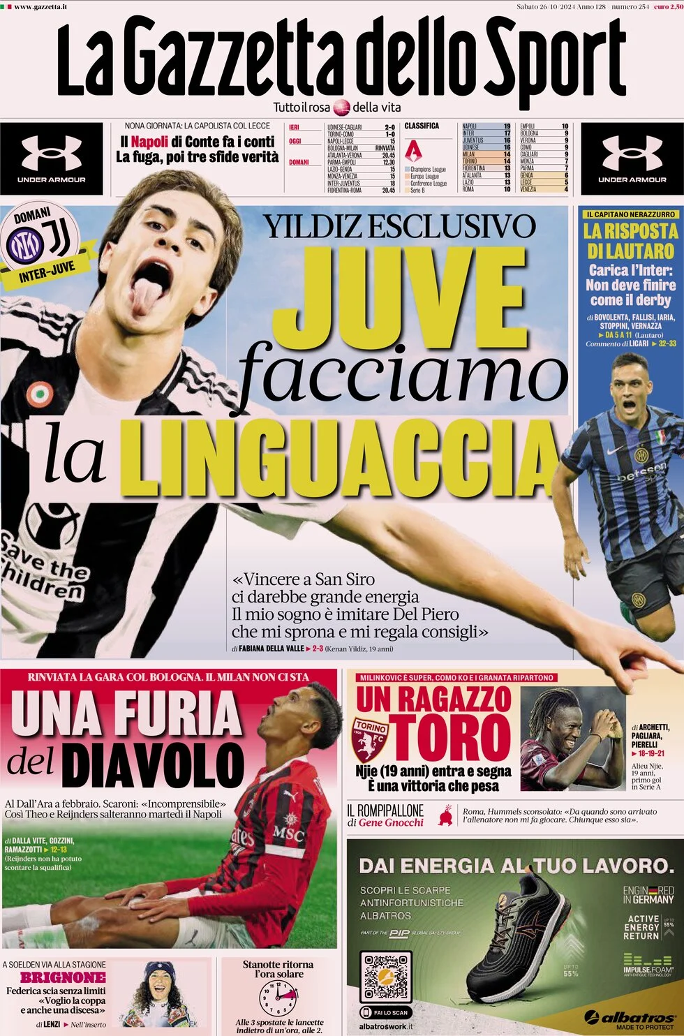 anteprima della prima pagina di la-gazzetta-dello-sport del 26/10/2024