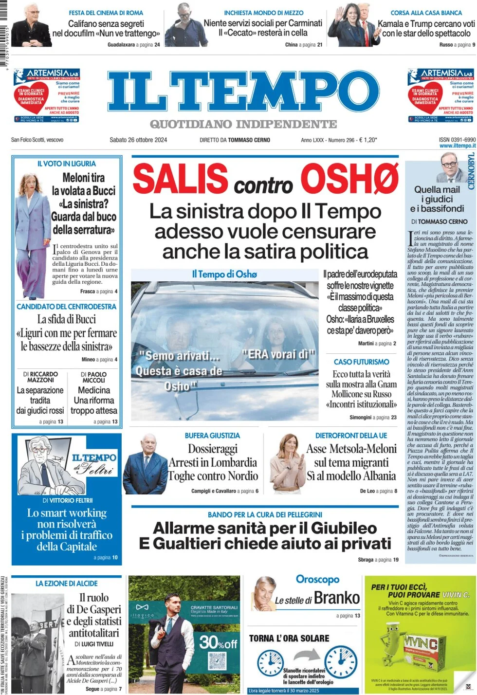 anteprima della prima pagina di il-tempo del 26/10/2024
