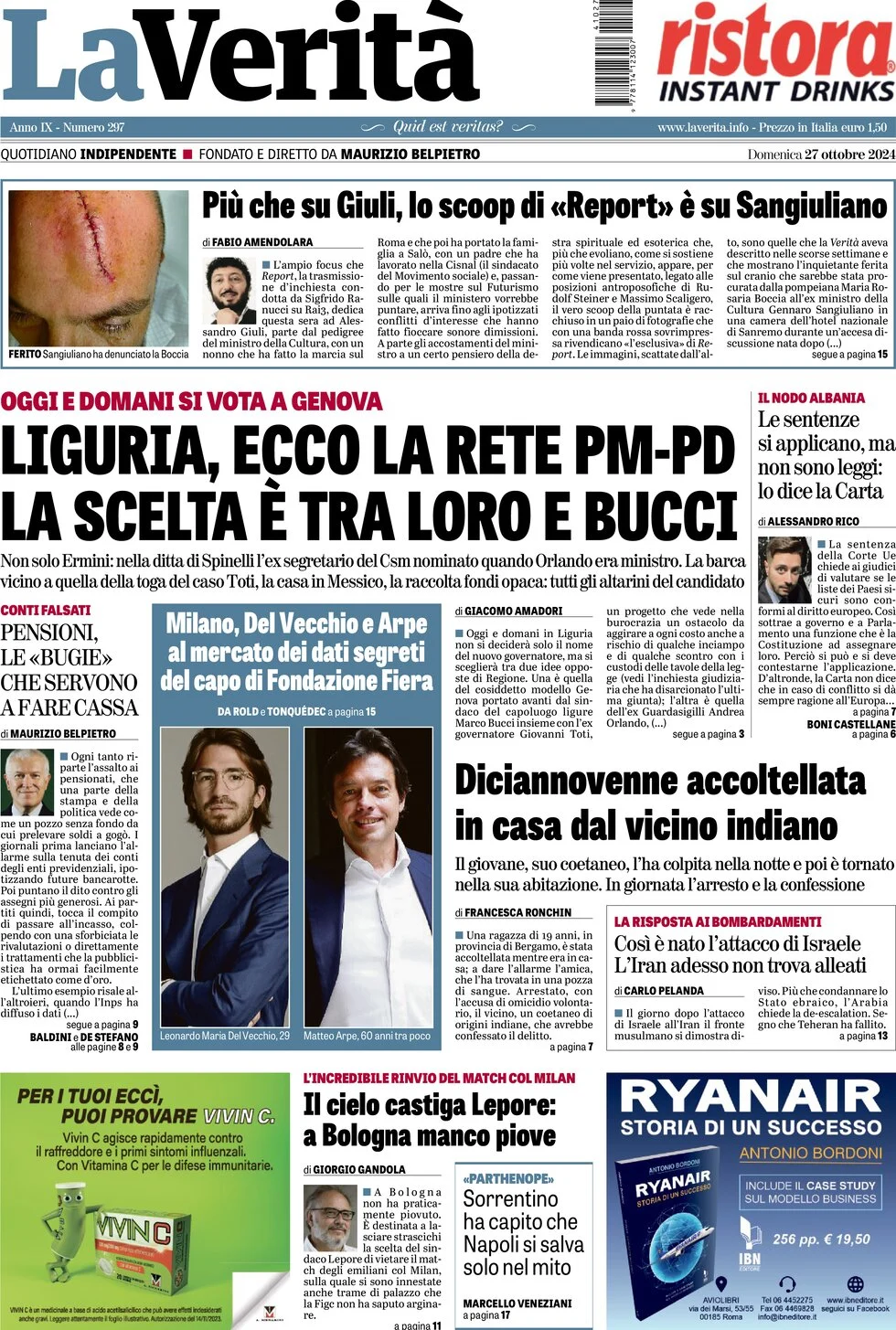 anteprima della prima pagina di la-verit del 27/10/2024