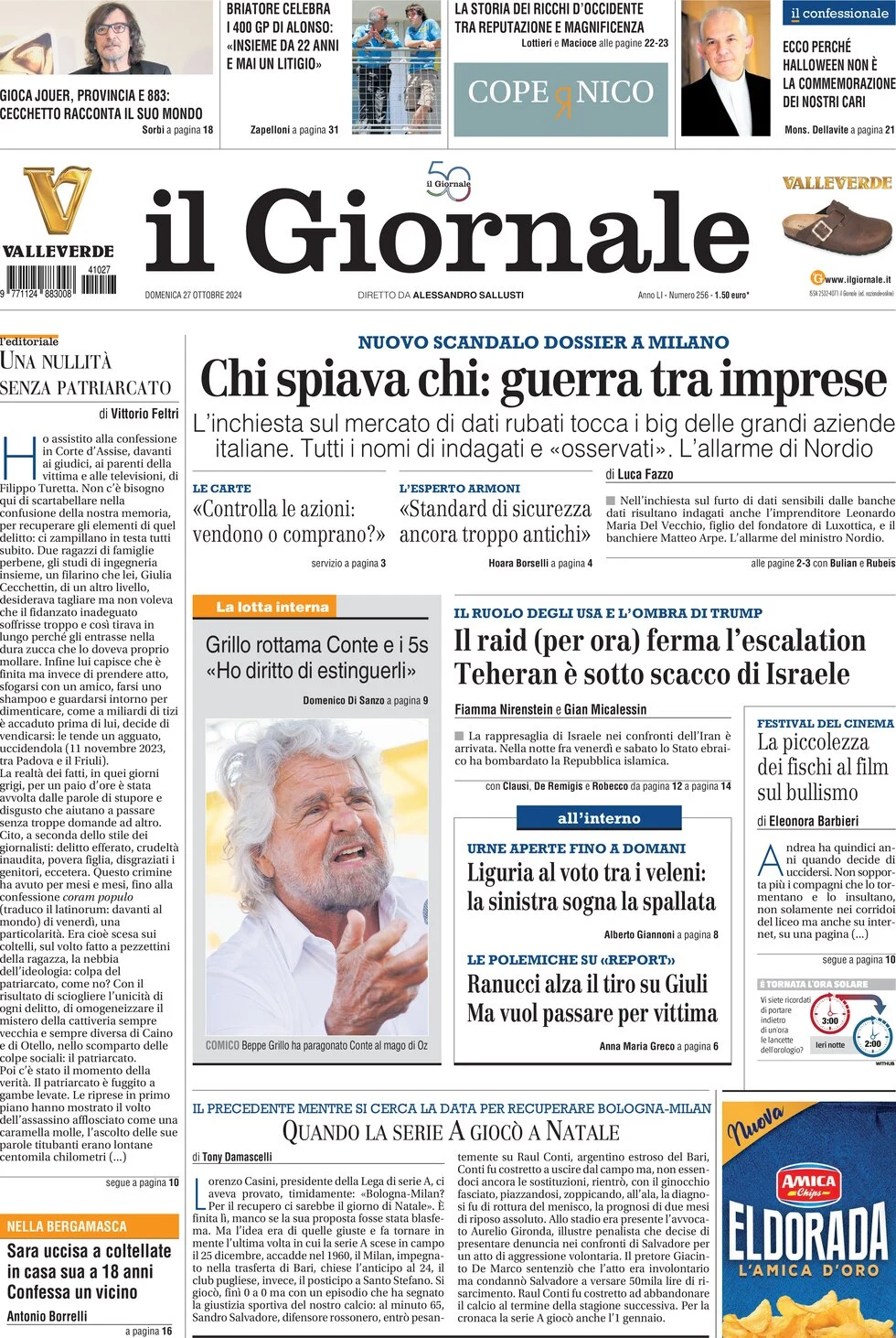 anteprima della prima pagina di il-giornale del 27/10/2024