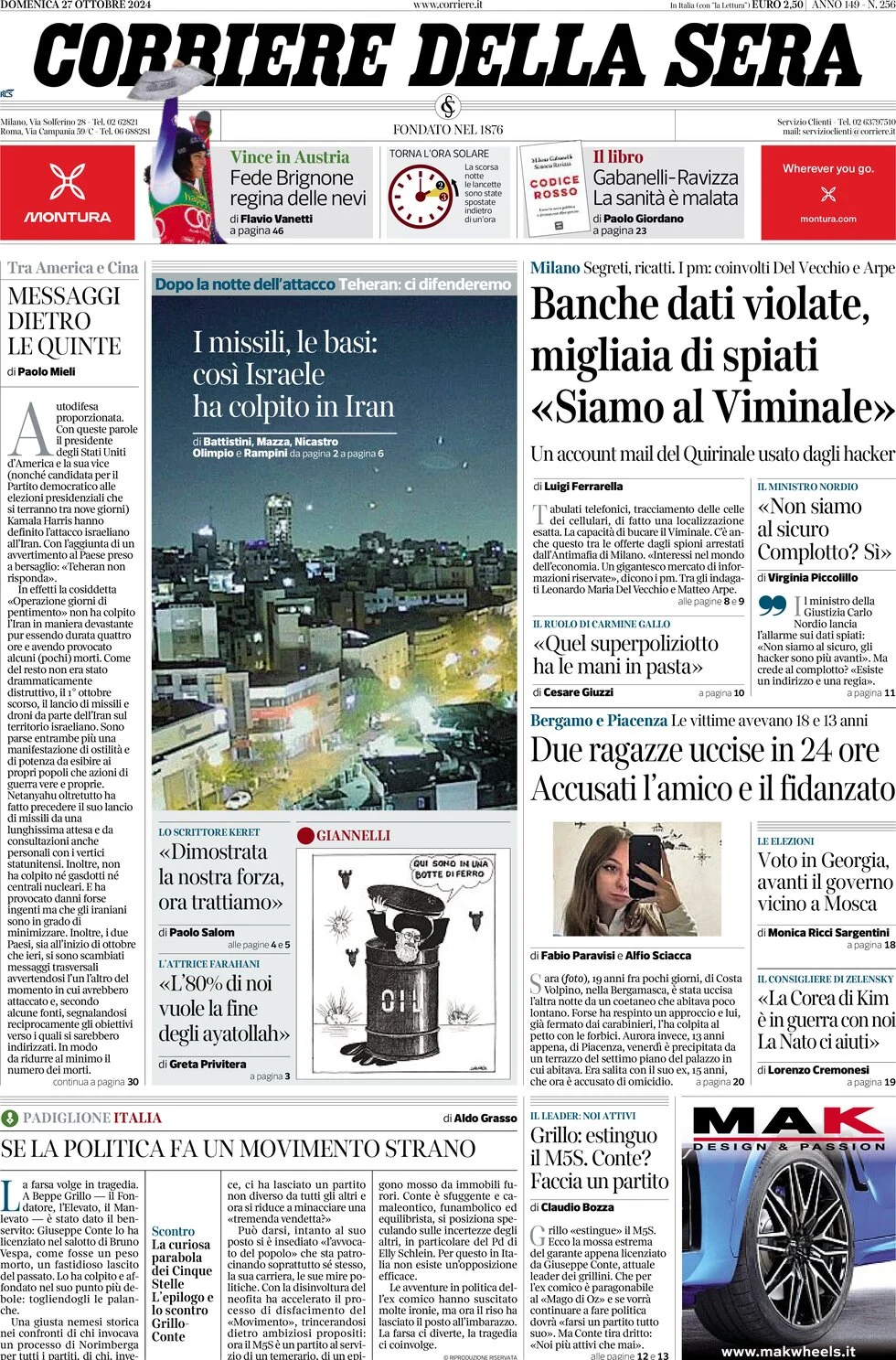 anteprima della prima pagina di corriere-della-sera del 27/10/2024