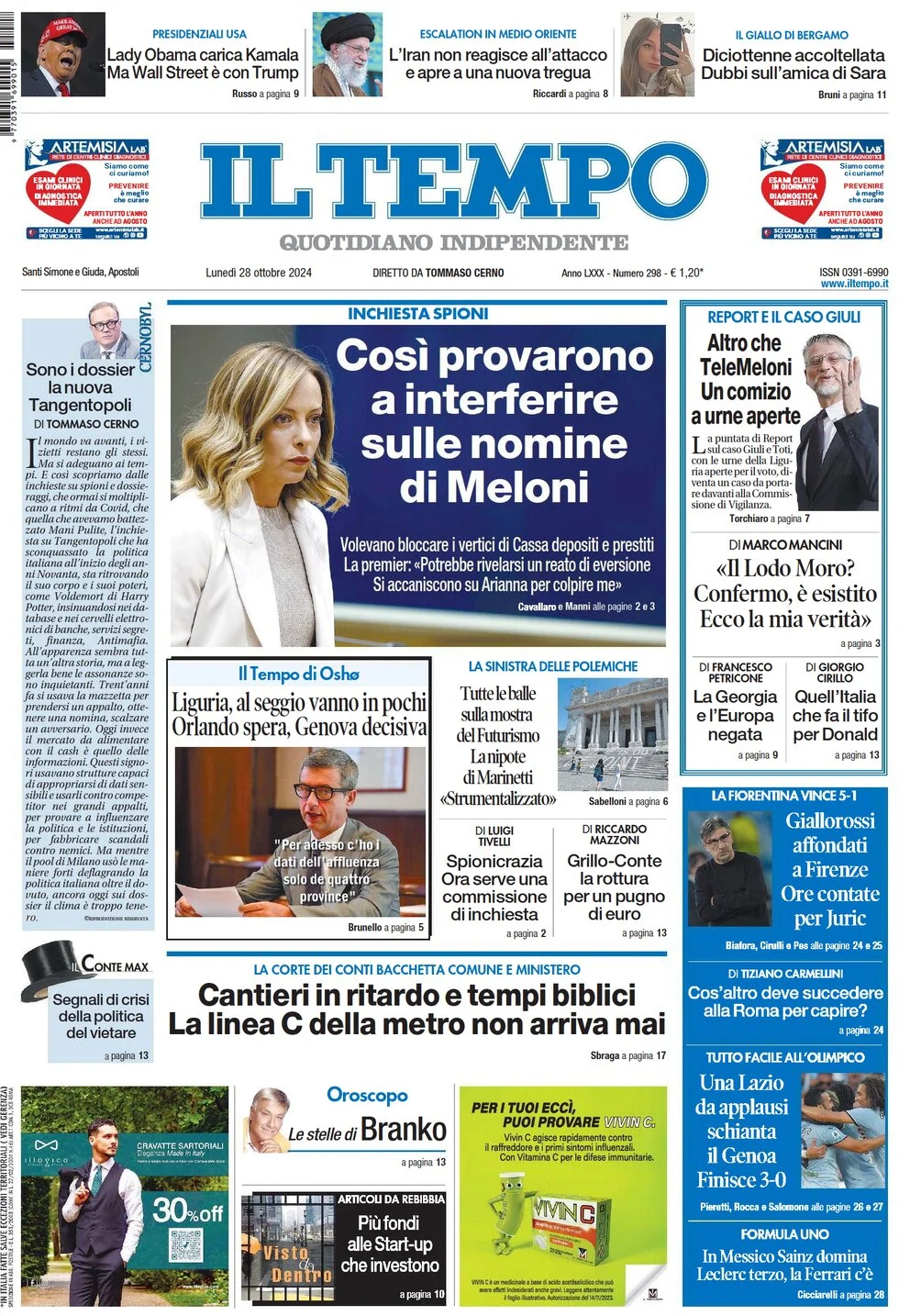 anteprima della prima pagina di il-tempo del 28/10/2024