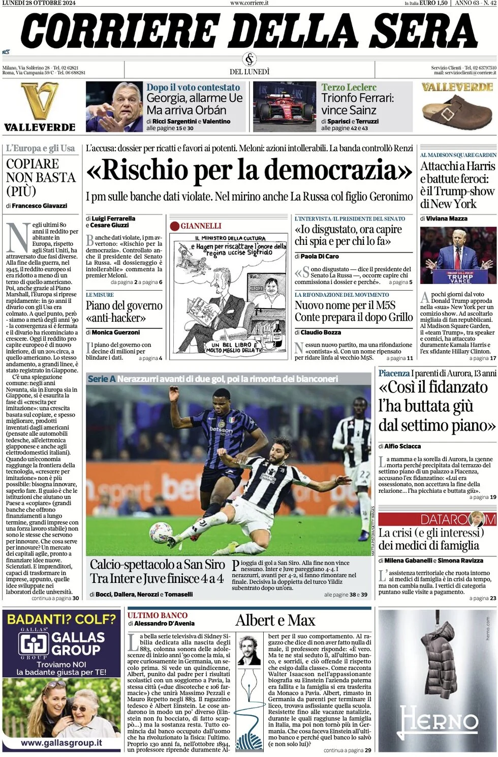 anteprima della prima pagina di corriere-della-sera del 28/10/2024