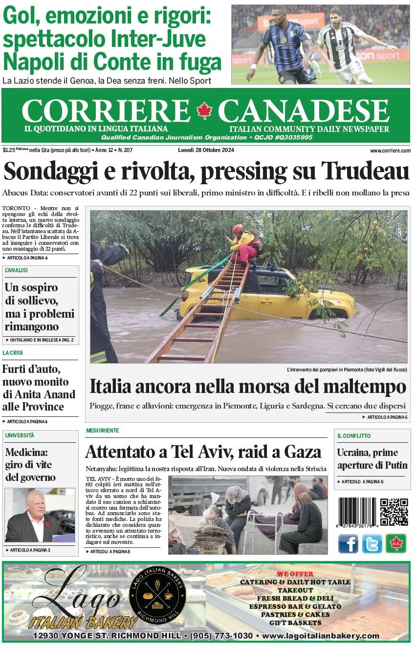 anteprima della prima pagina di corriere-canadese del 28/10/2024