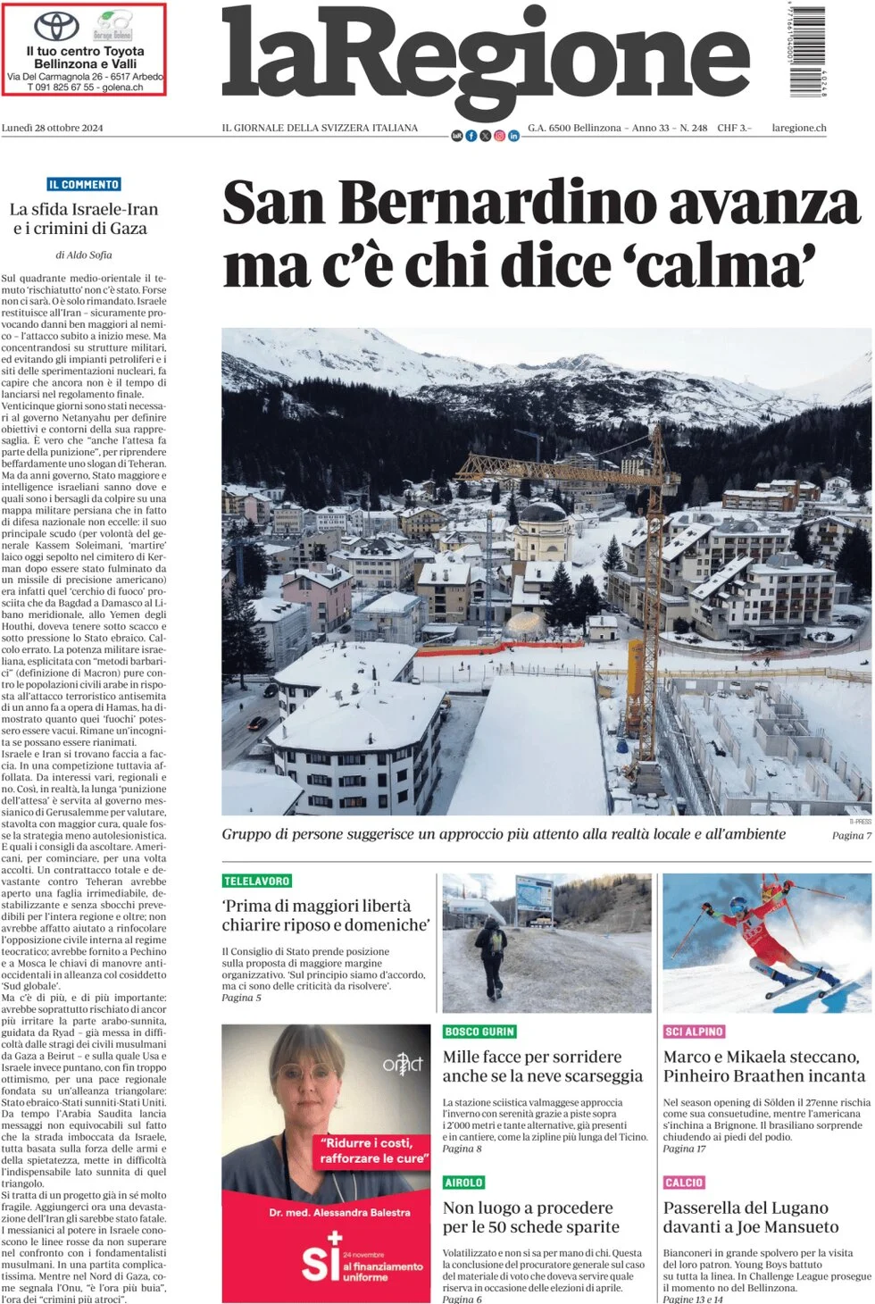 anteprima della prima pagina di la-regione del 28/10/2024