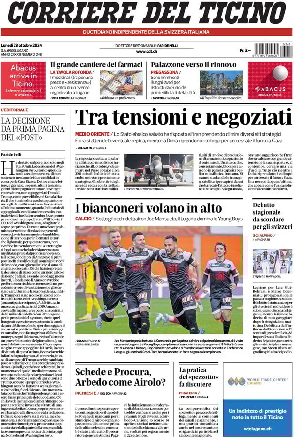 anteprima della prima pagina di corriere-del-ticino del 28/10/2024
