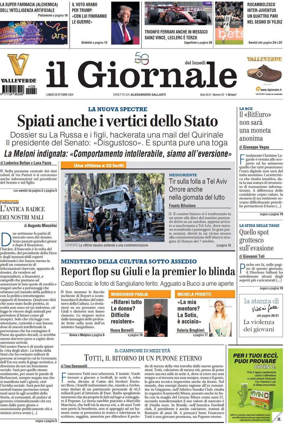 anteprima della prima pagina di il-giornale del 28/10/2024