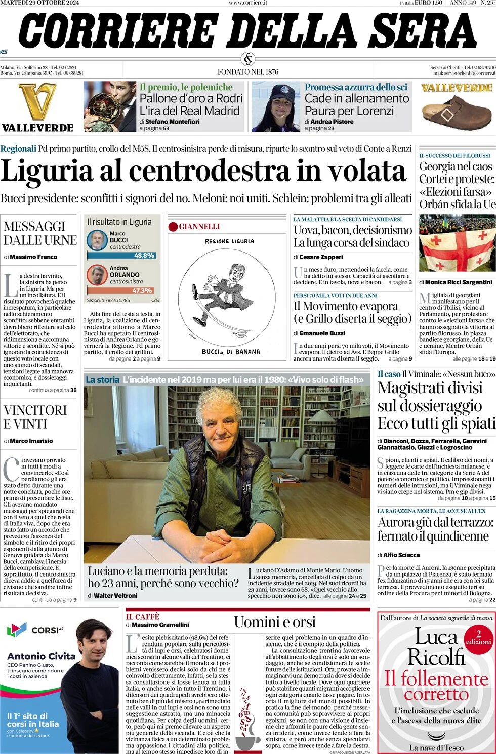 anteprima della prima pagina di corriere-della-sera del 29/10/2024
