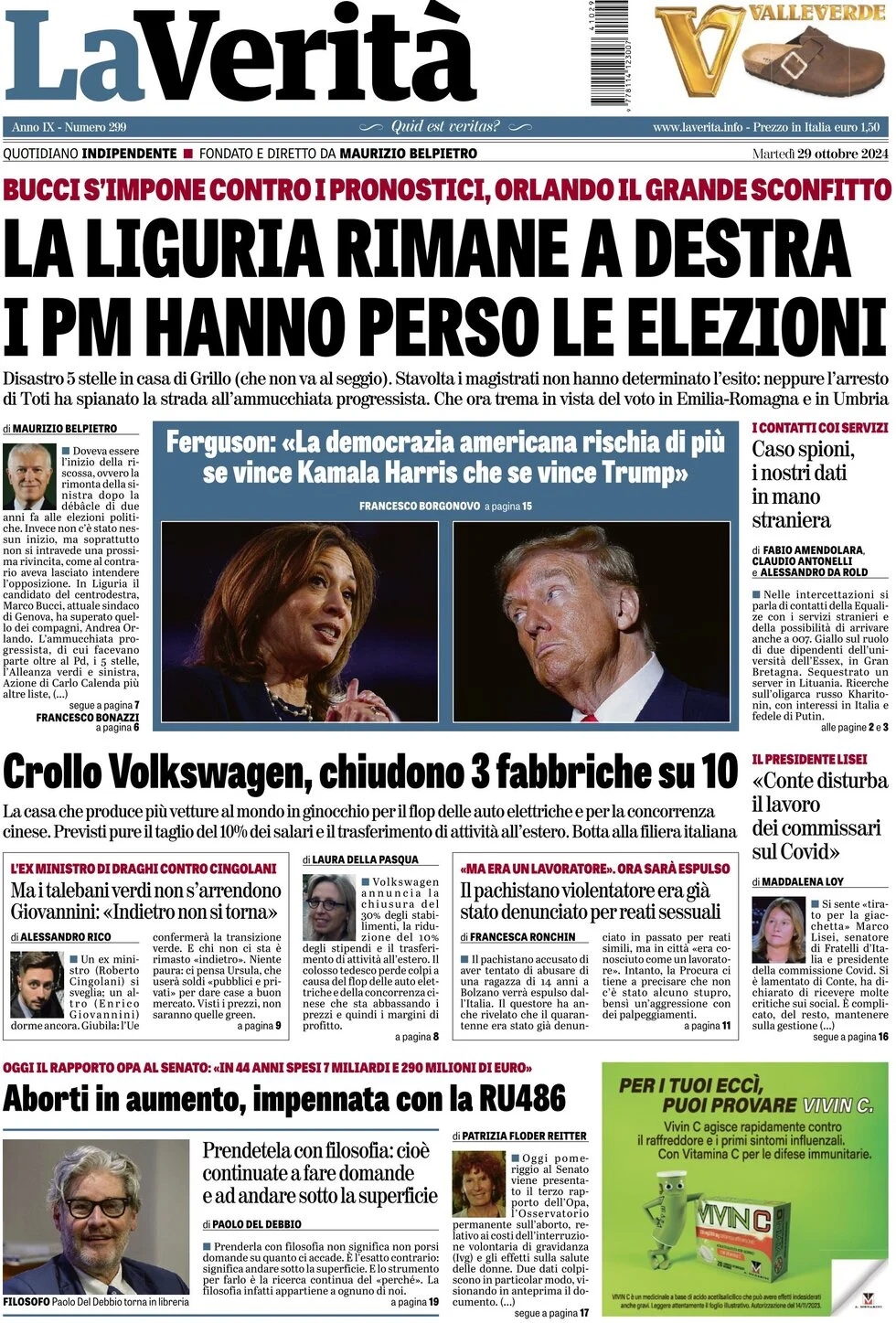 anteprima della prima pagina di la-verit del 29/10/2024