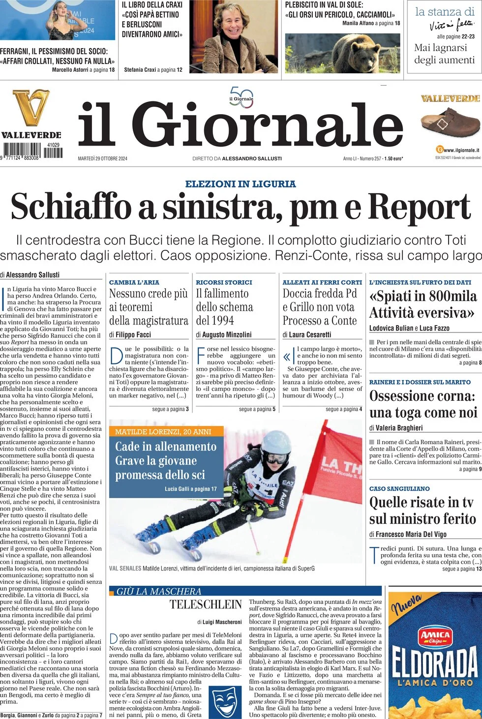 anteprima della prima pagina di il-giornale del 29/10/2024