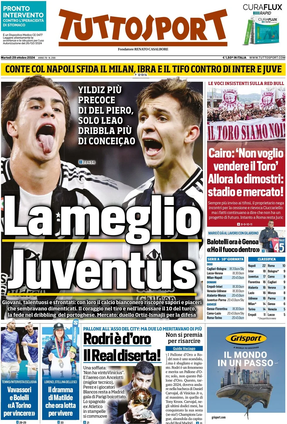 anteprima della prima pagina di tuttosport del 29/10/2024