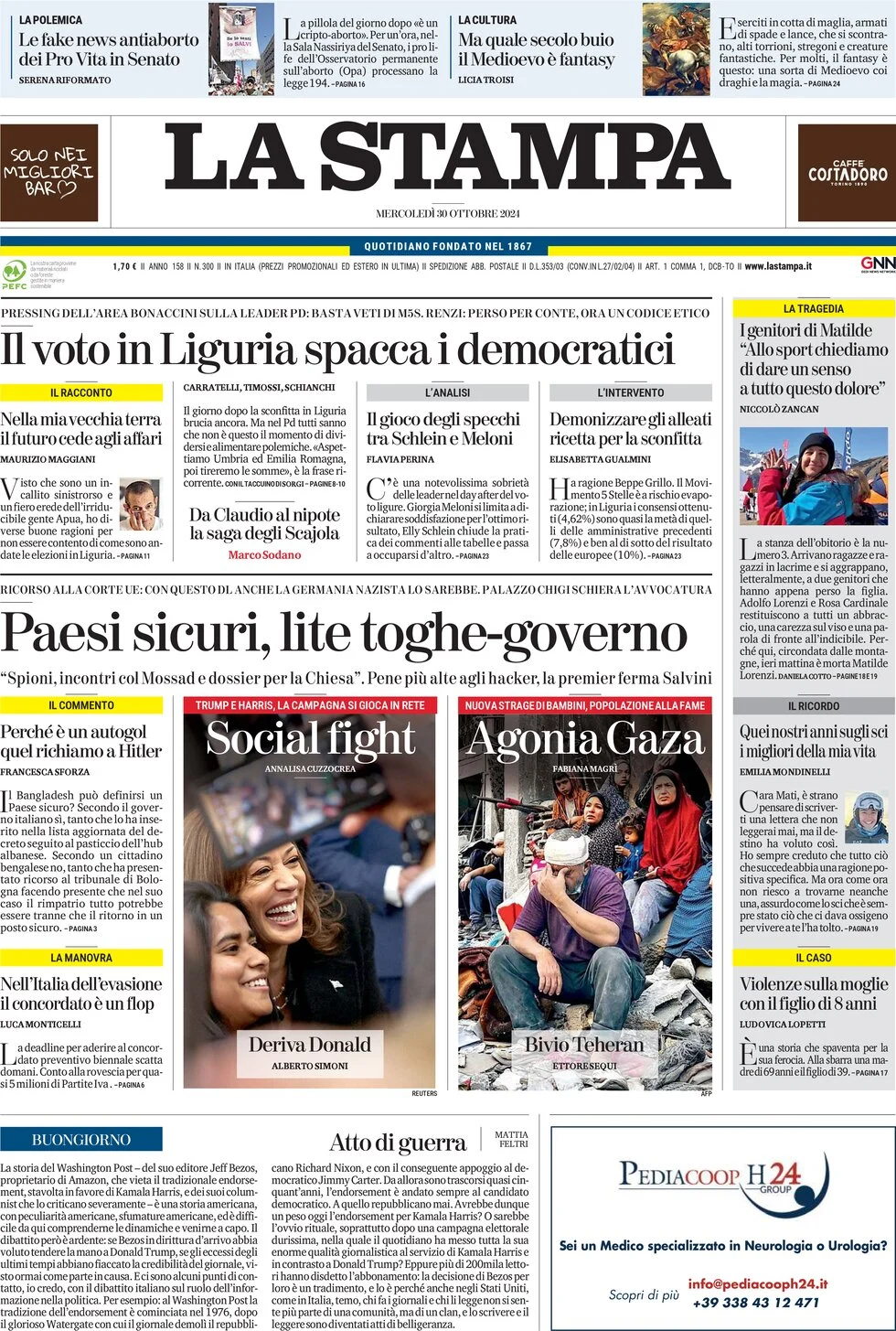 anteprima della prima pagina di la-stampa del 30/10/2024