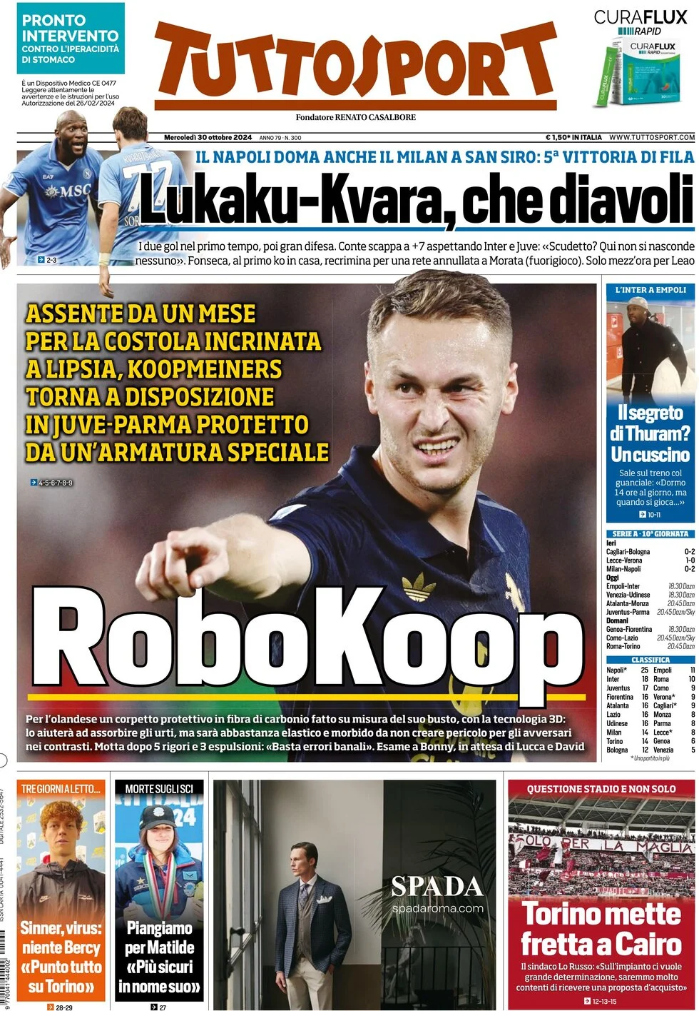 anteprima della prima pagina di tuttosport del 30/10/2024