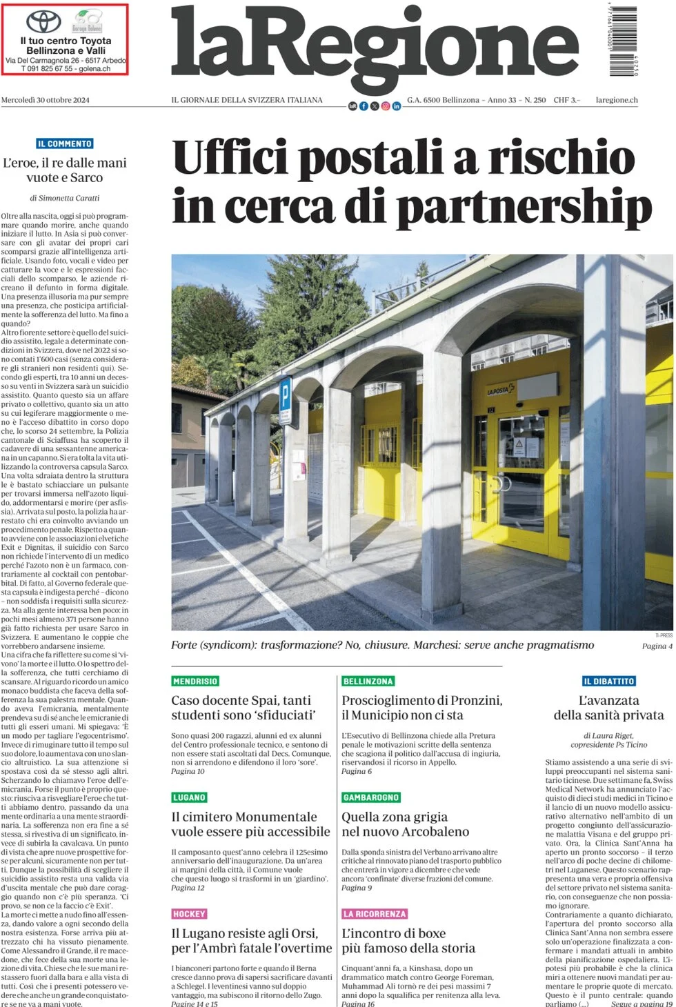 anteprima della prima pagina di la-regione del 30/10/2024