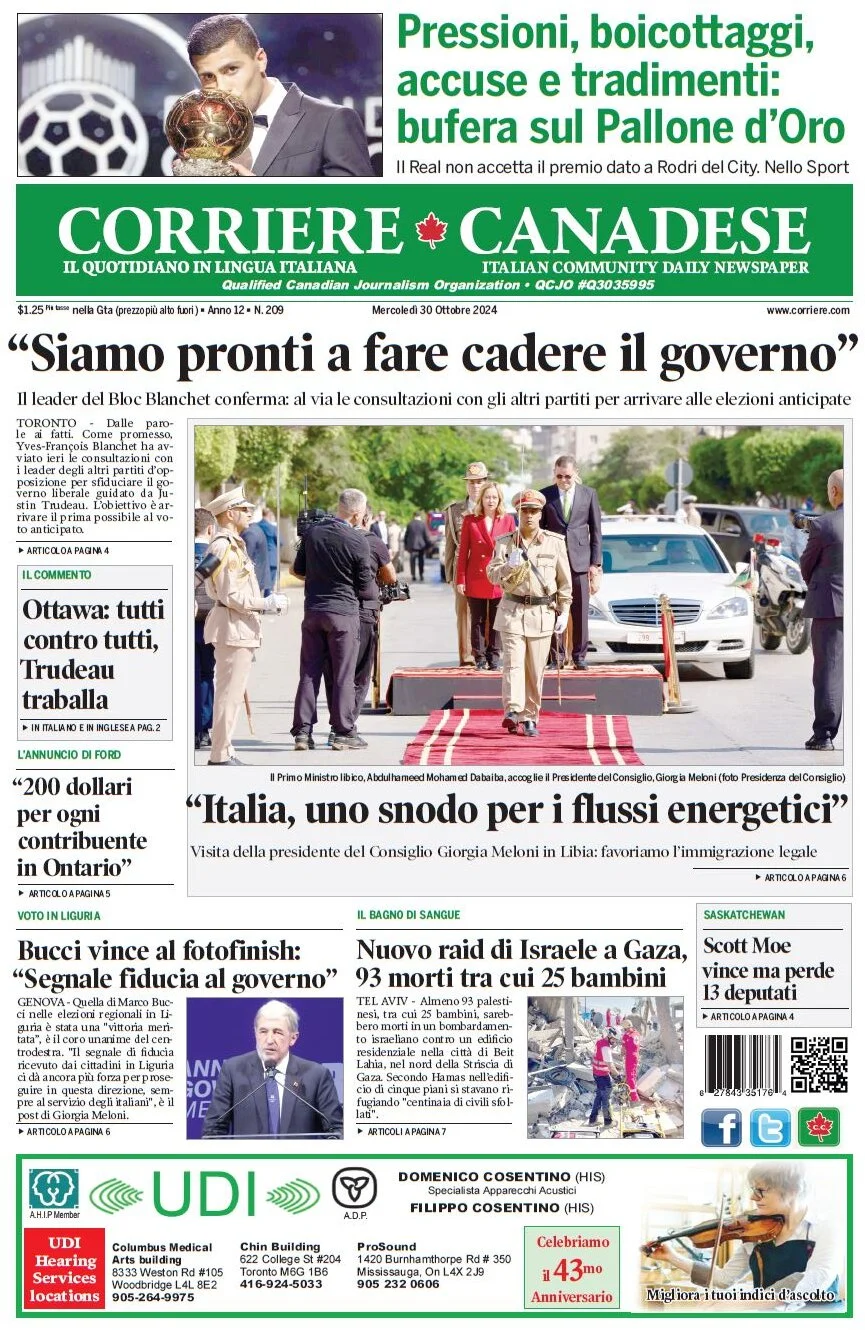 anteprima della prima pagina di corriere-canadese del 30/10/2024