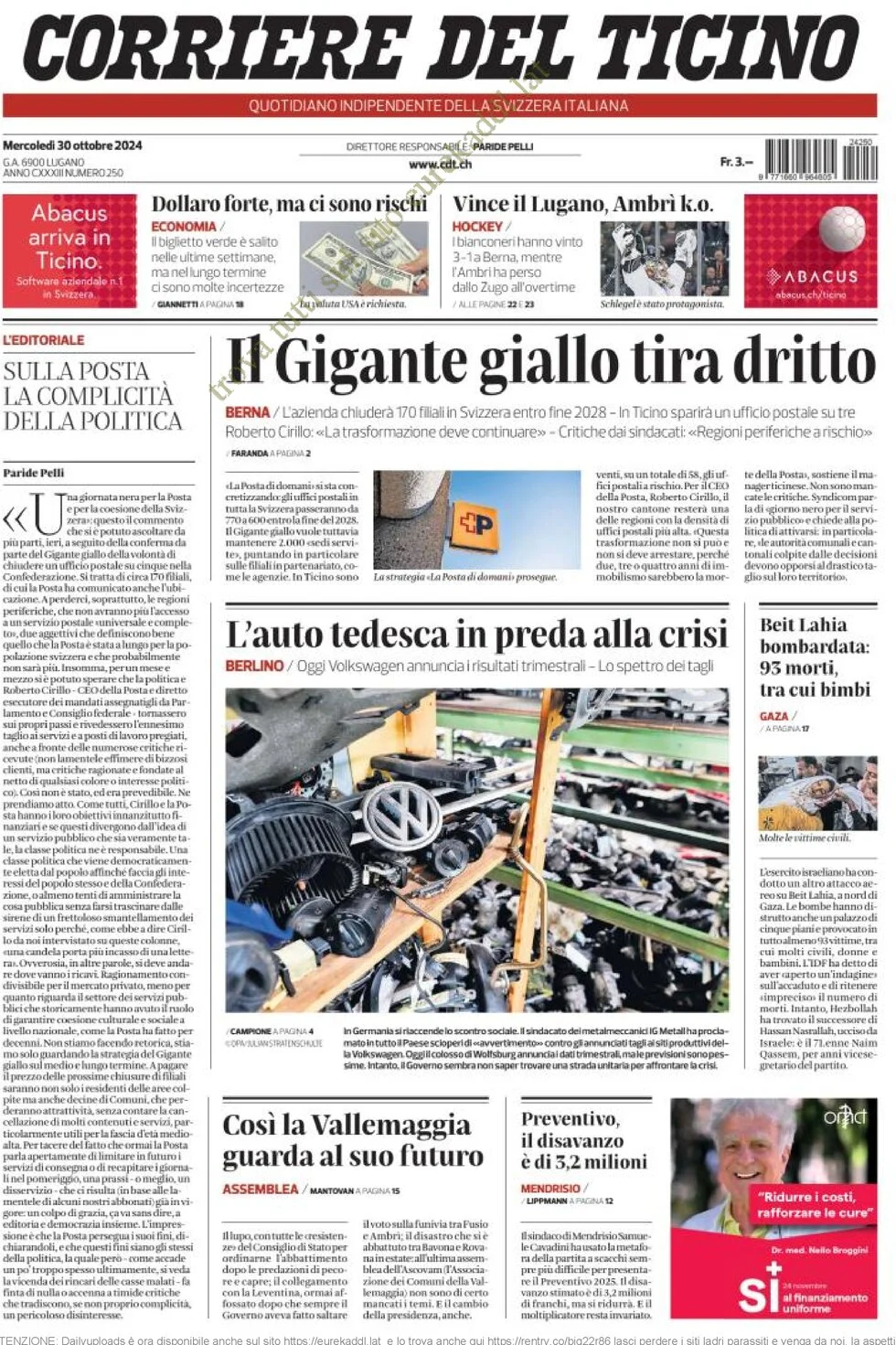 anteprima della prima pagina di corriere-del-ticino del 30/10/2024
